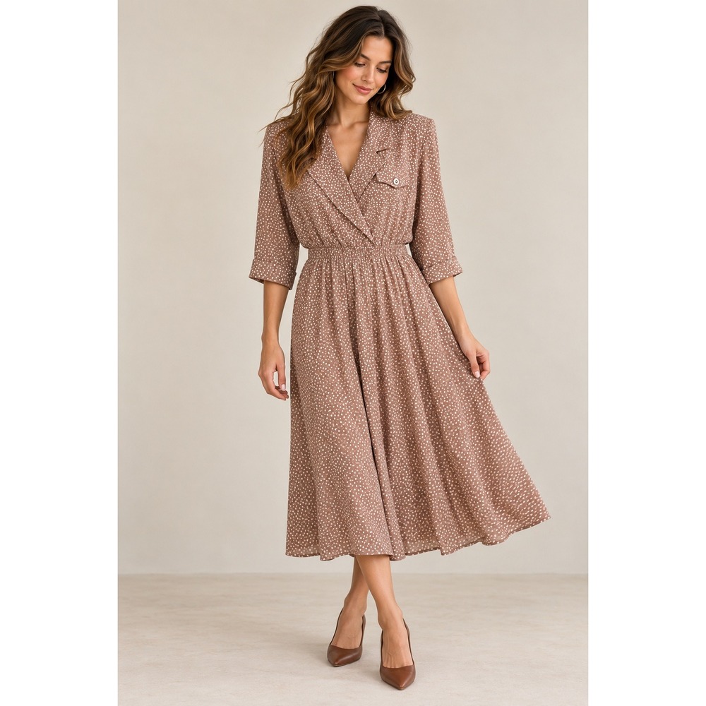 Dark Academia 80s Brown Polka Dot Midi Dress S.L. Fashions Size 10